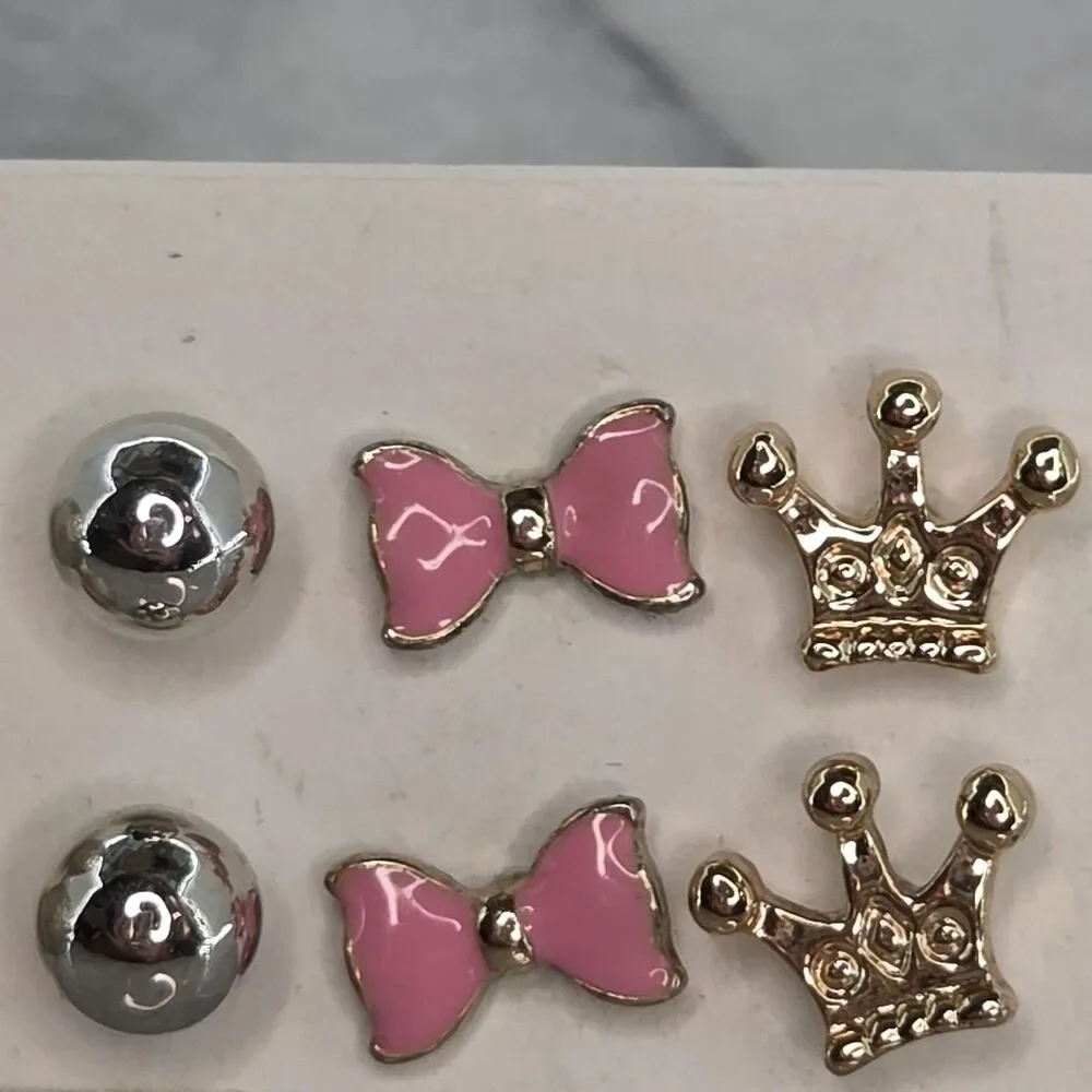 Kids Stud Earrings Set 6 Pairs Cat Pearl Pink Bow Crown Ball Multicolor Enamel